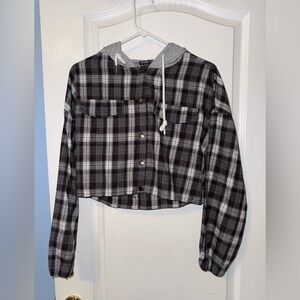 SHEIN Plaid Cropped Hoodie - Black and Gray